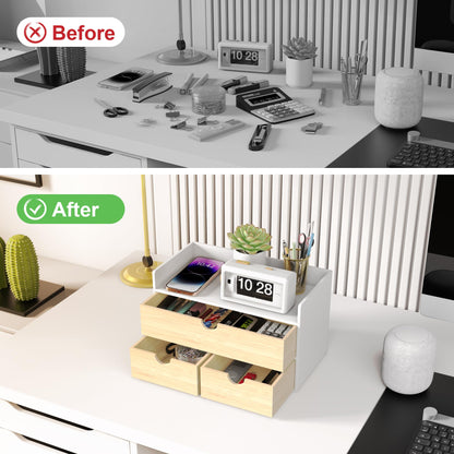 Desk Organizer with Drawers - Bamboo Desktop Organizer Storage | White-Natural Wood Desk Drawers Organizer for Bills, Office Supplies, Cosmetics, Seals No Assembly Required