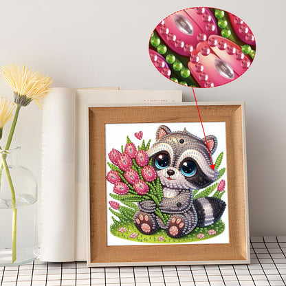 Diamond Painting Kit, 5D DIY Raccoon and tulips, Special Shape Crystal Artificial Diamond Art Partial Mosaic Handicraft for Beginners, Wall Decor Gift For Bedroom, Office, Living Room 6.7x6.7in