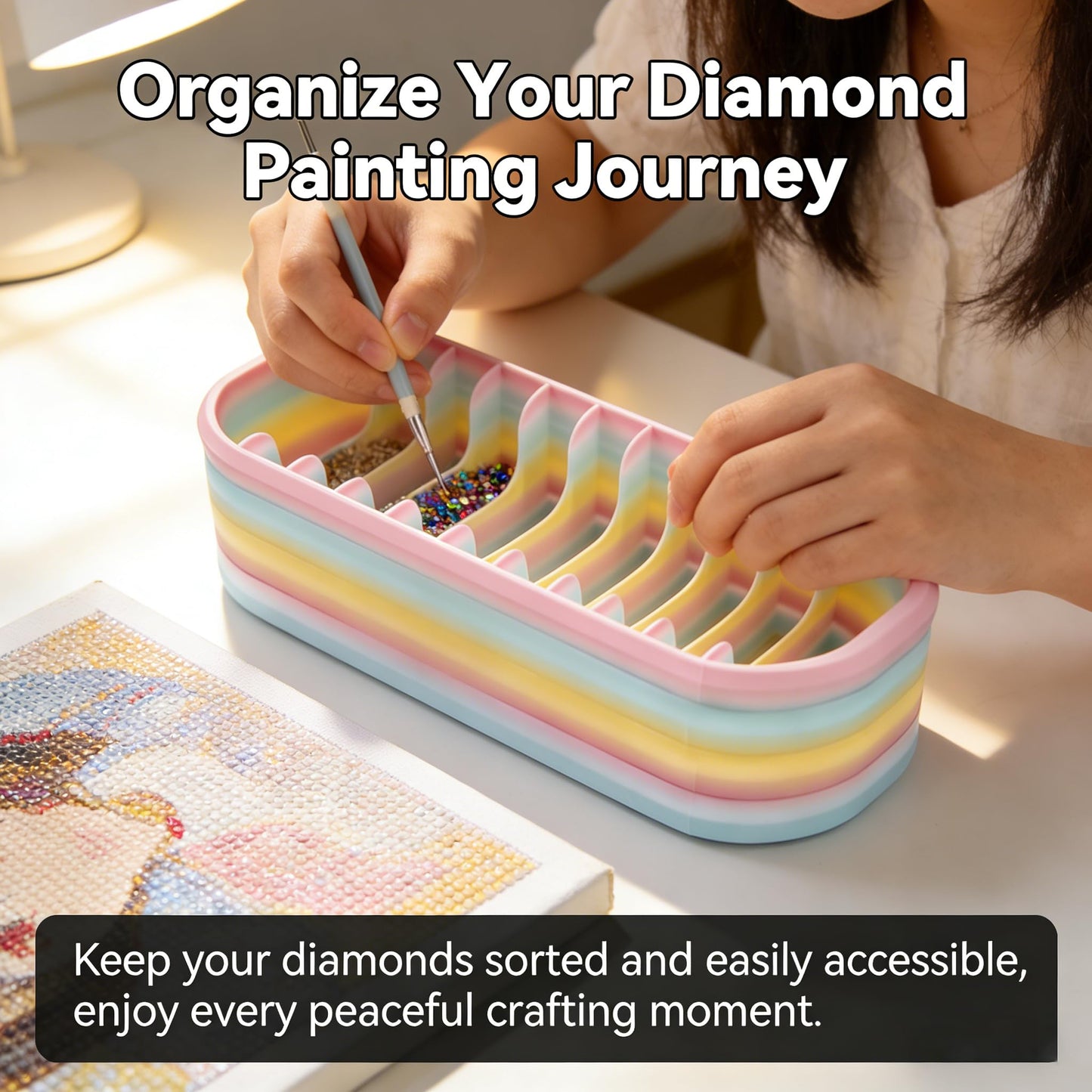 Rainbow Diamond Painting Storage Box with 10 Compartments - Portable Bead Organizer for Diamond Art Kits, Rhinestone & Craft Supplies, Diamond Painting Accessories and Tools