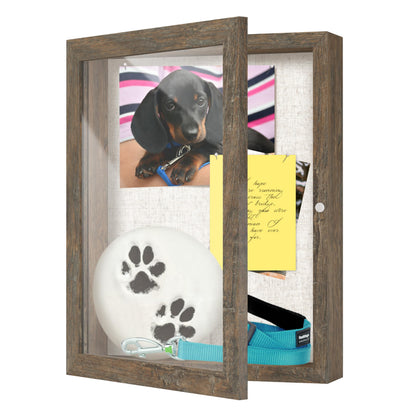 FrameWorks 8.5x11 Deep Shadow Box Frame, Wooden Display Case w. Linen Board & Tempered Glass Door - Brown Woodgrain - Medium - Wall Mounted