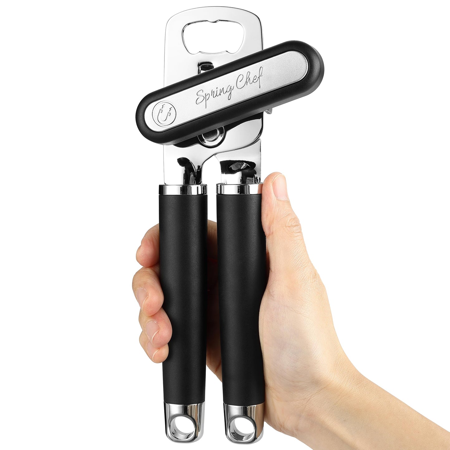 Spring Chef Stainless Steel Can Opener - Manual with Soft Grip Handles, Easy Turn, Heavy Duty Hand Can Openers for Seniors with Smooth Edge - Magnetic Lid Remover - Black