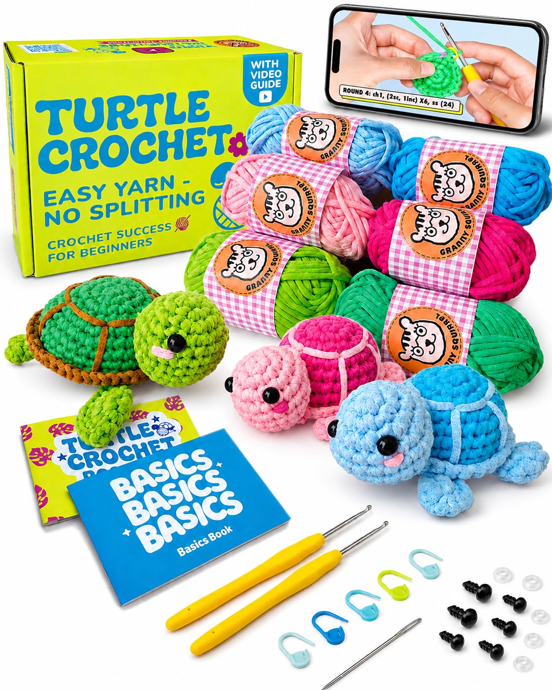 Granny Squirrel Turtle Crochet Kit for Beginners - DIY Amigurumi Animal Craft Kit with Full HD Video Tutorials & Easy No-Split Yarn - Complete Starter Set for Adults & Kids (Ages 13+)