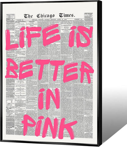 Skiennix Pink Wall Art - Retro Newspaper Canvas Poster with Positive Quote | Minimalist 16x24in Decor