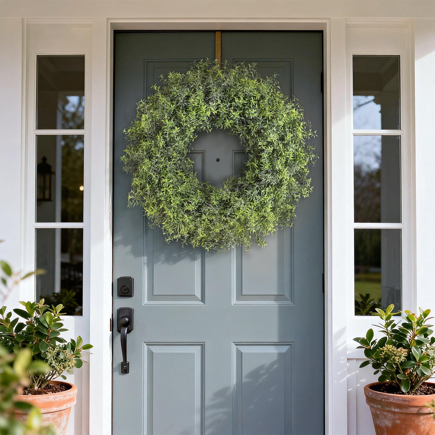 26" Large Artificial Rosemary Wreath for Front Door - UV Resistant Realistic Rosemary Plant, Fake Spring/Summer Greenery Wreath for Wall Window Farmhouse Fireplace Decor