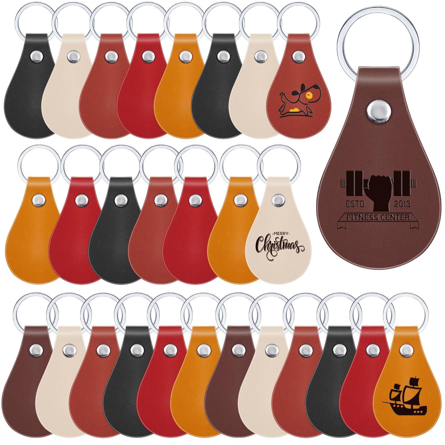 Taiyin 30 Pcs Leather Key Fob Kit for DIY Craft PU Blanks with Rivets and Key Ring for Laser Engraving Keychain (Multi Colors)