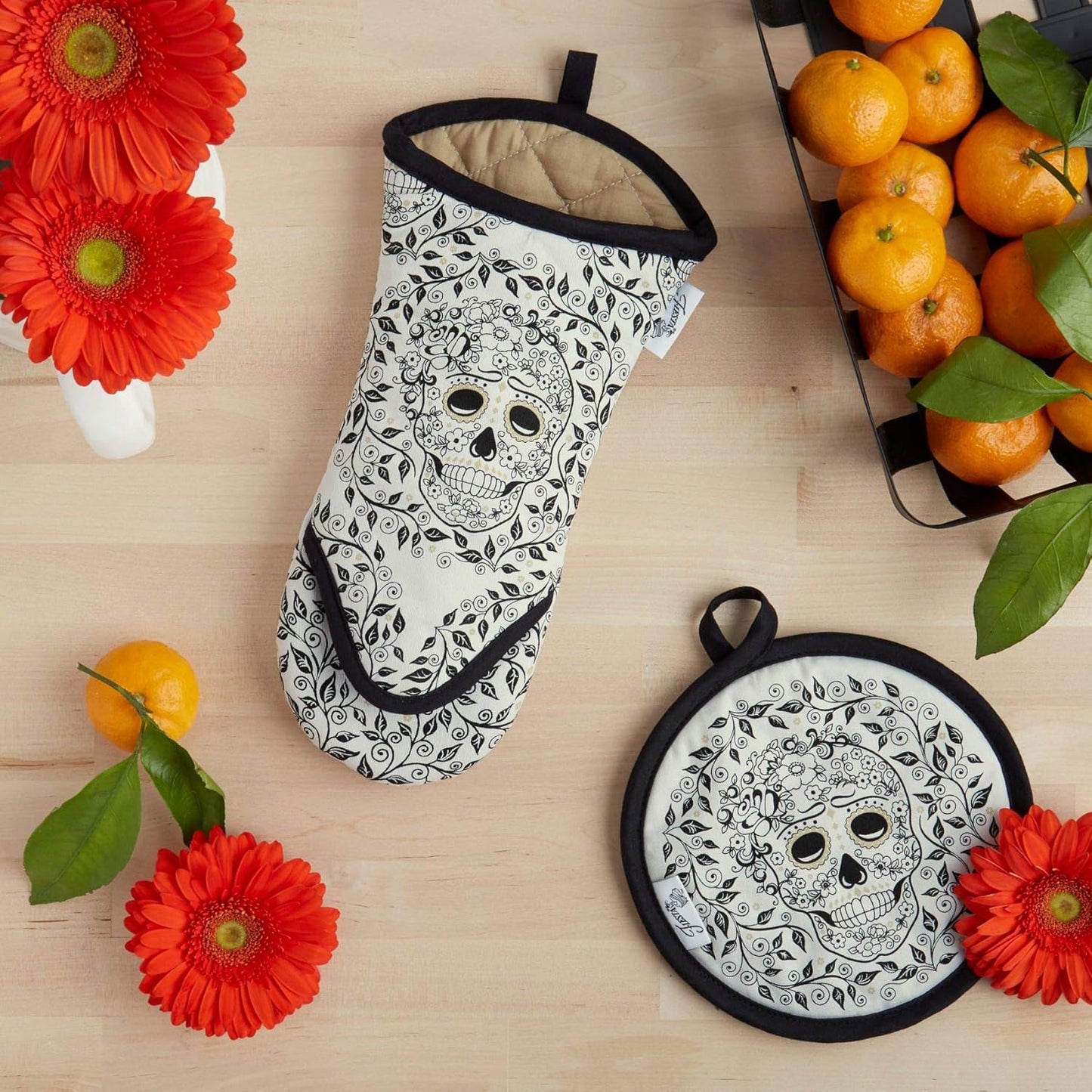 Fiesta Skull & Vine Oven Mitt & Pot Holder Set, Multi-colored, 6.5"x13" and 8"x8"