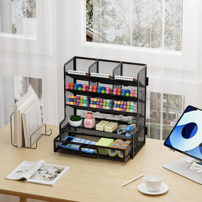 Marbrasse Larger Mesh Desk Organizer with Drawer, Multi-Functional Pen Pencil Holder, Easy Assembly, Desk Organizers and Accessories for Office Art Supplies (Black)