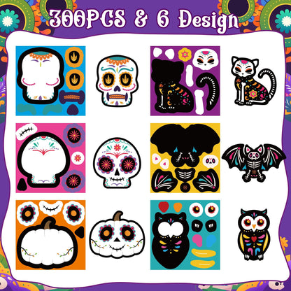Haooryx Sugar Skull Sticker Rolls - 300Pcs Day of The Dead DIY Stickers
