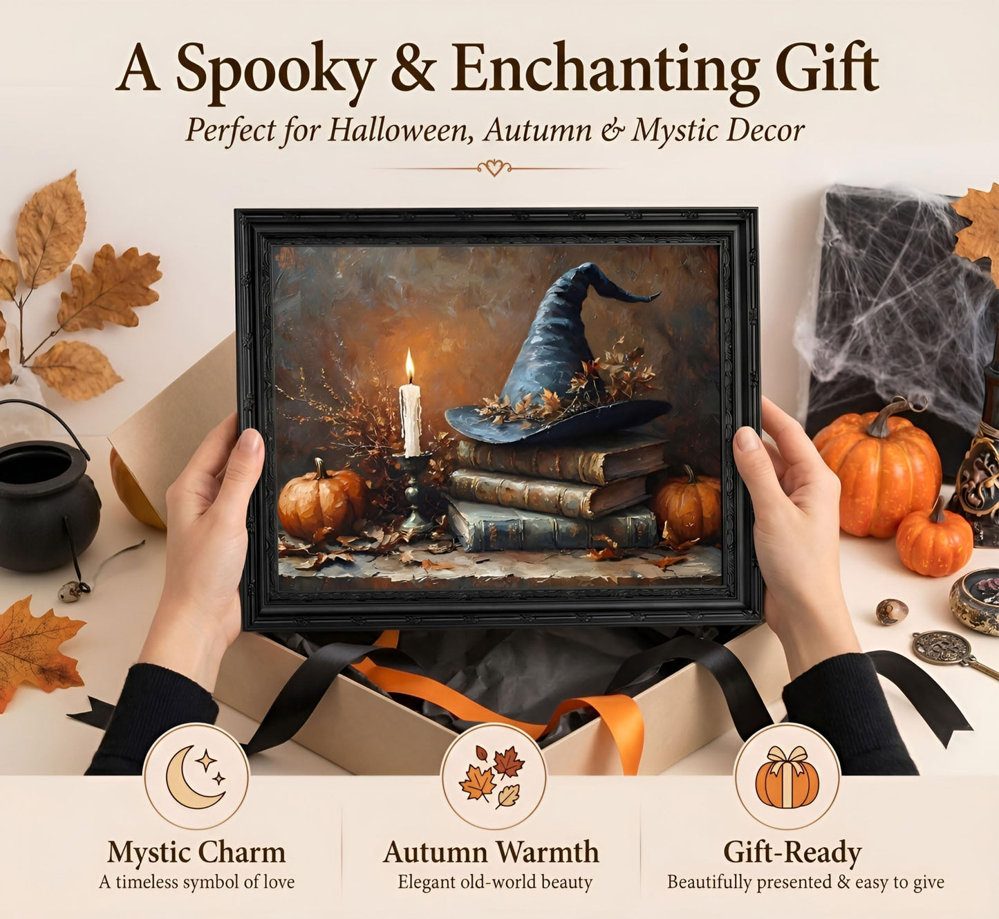 Black Framed Halloween Witch Hat With Book Canvas Wall Art 9X11in
