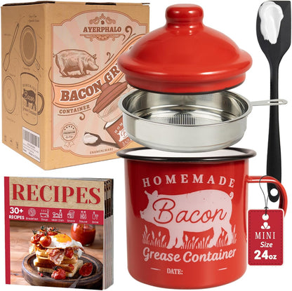 24oz Ayerphalo Bacon Grease Container with Strainer - With Food-Grade Silicone Spatula, Enamel Rustic Farmhouse Fat