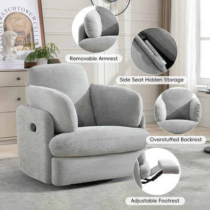 Bonzy Home Manual Recliner Chair, 360°Swivel Rocker Recliner Chair for Adults, Overstuffed Nursery Rocking Reclining Sofa with 2 Pillows and Hidden Storage, Light Grey