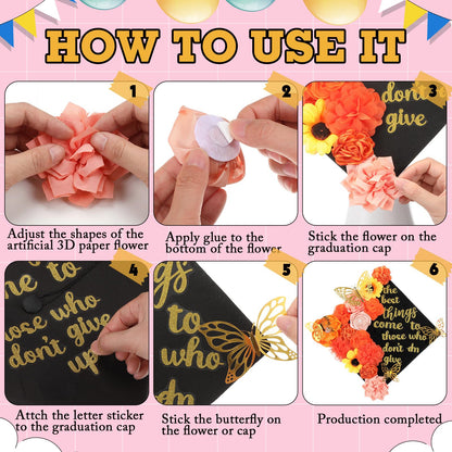 Feifeiya 36 Pcs DIY 2026 Graduation Cap Decorations Accessory Kit Include Faux Flower Heads Graduation Quotes Glitter Stickers 3D Butterfly for Grad Cap Topper DIY Gift(Orange,Excitation)