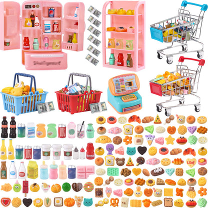 DULEFUN 143pcs Mini Shopping Cart Basket Miniature Food Drink Bottle Toys, Supermarket Shelve Metal Handcart Cash Register for Dollhouse Store AccessoryPretend Play Cosplay Game Kids Party Favor