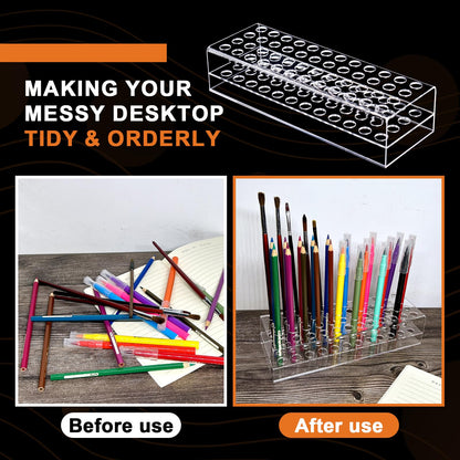 HESHUYU Acrylic Pen Display Holder - 48-Slots 12mm Stand for Art Paint Brush, Makeup Brush - Clear Pencil Display Rack for Desk