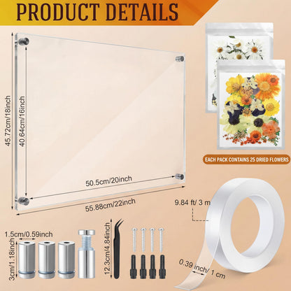 Thyle 2026 Graduation Acrylic Diploma Frame 18x22 Floral Business License Frame Wall Mount Floating Certificate Display Set with 50 Dried Flowers, Tweezers & Nano Tape, Ready-to-use(White,Beige)