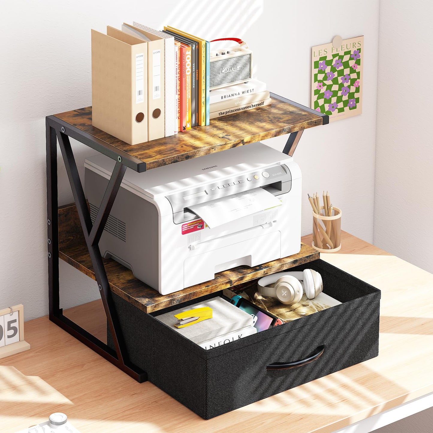 aboxoo Printer Stand for Desk with Storage Drawer, 2 Tier Desktop Or UnderDesk Shelf, Multi-Purpose Desk Organizer for Home Office, fit Fax Machine/3D Printer/Scanner, Rustic Brown