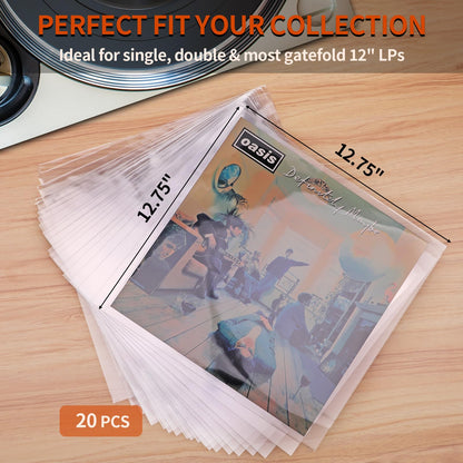 20 Clear Vinyl Record Sleeves, 12" LP Outer Record Sleeves, 12.75" x 12.75", 3.2 Mil Protective Album Covers for Single & Double Vinyl Records