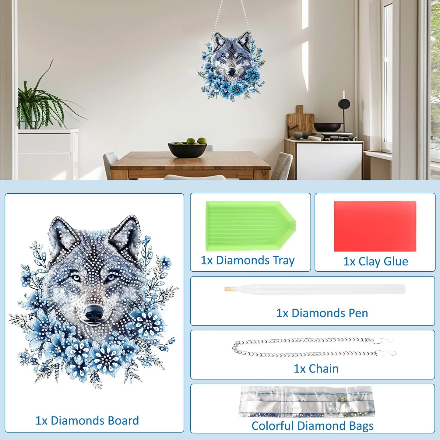 SENQAO Wolf Diamond Art Hanging Kit for Adult, Special Shaped Rhinestone, DIY Acrylic 5D Diamond Art Painting Window Pendants Home Garden Wall Hanging Kits Hanging Ornament