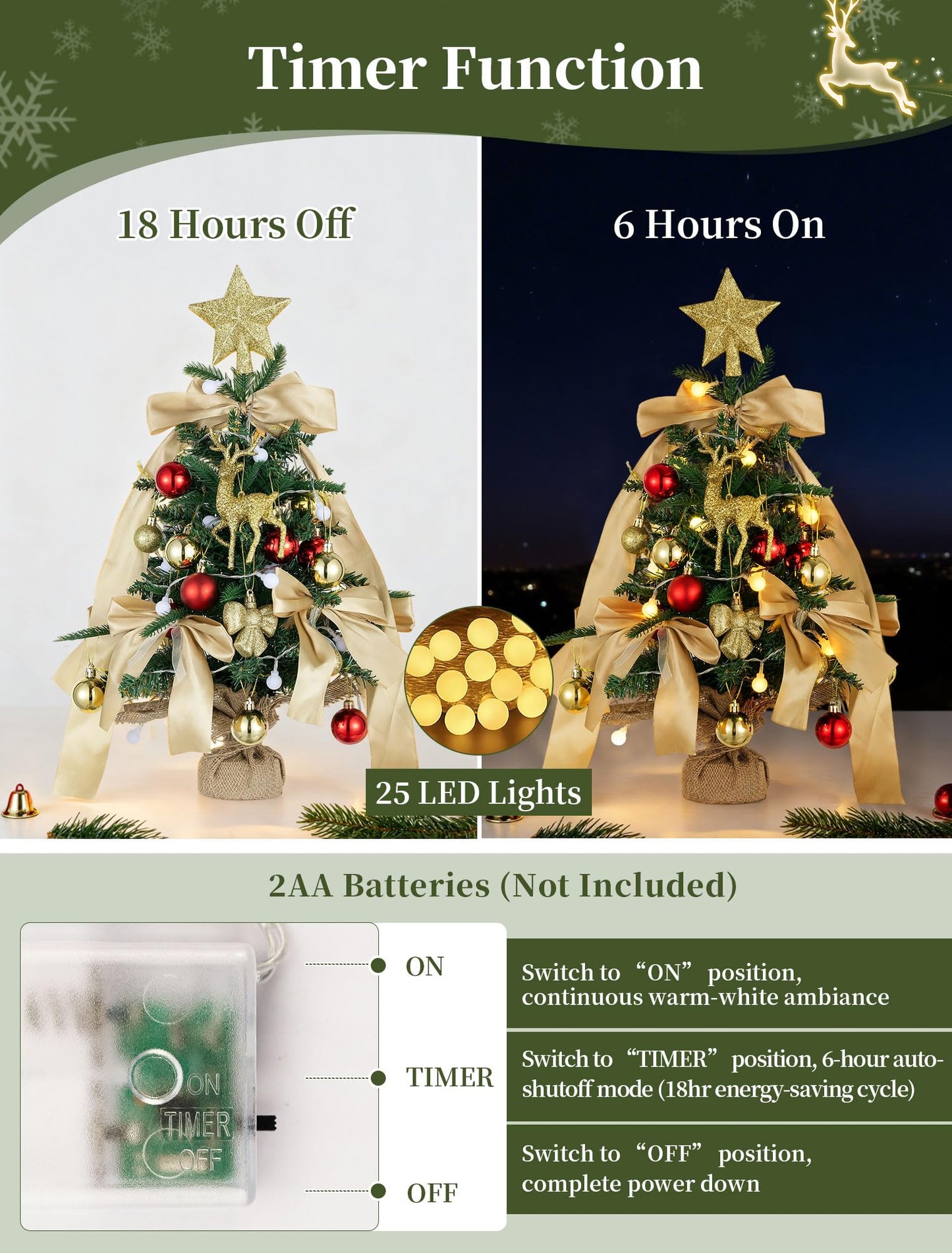 BLOSMON Small Christmas Tree with Lights: 2ft Mini Table Top Christmas Tree with 25 LEDs Timer Gold Ribbon Bow Reindeer for DIY- Lighted Artificial Xmas Trees for Home Office Desk