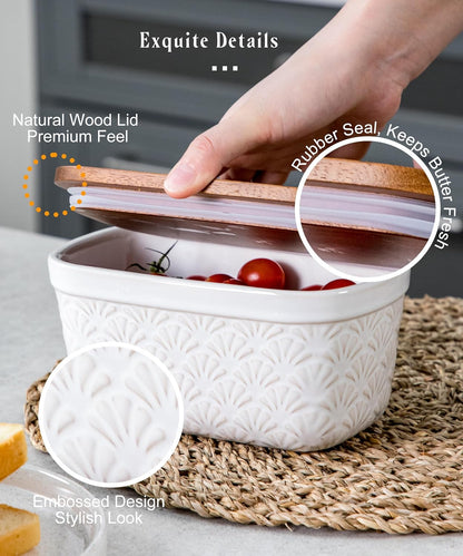 Countertop, Nucookery Ceramic Butter Dish, Embossed Butter Keeper with Wood Lid for Butter Holder and Container