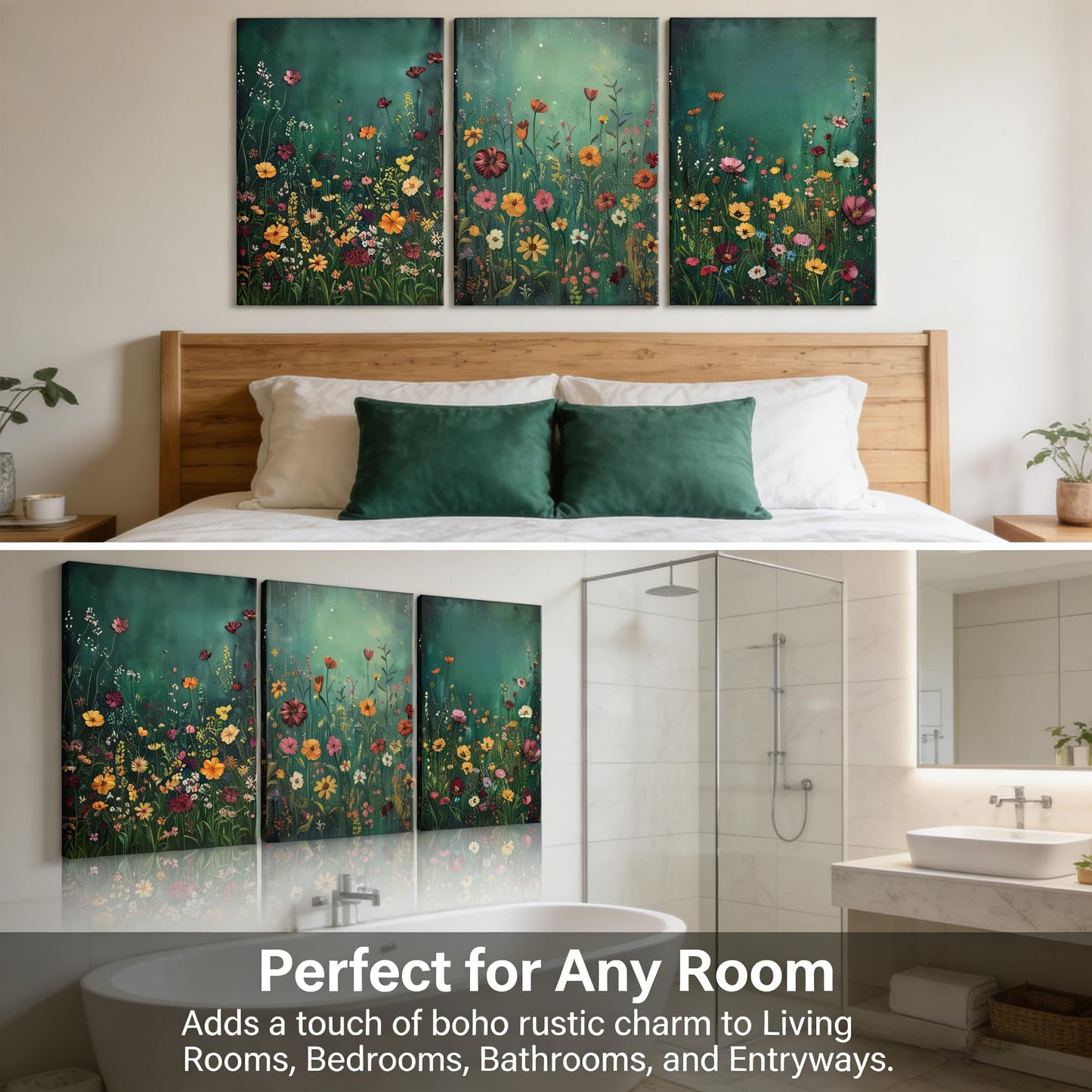 GEFQBBLD 3 Piece Canvas Wall Art Set, Emerald Green Wildflower Meadow Prints, Textured Impasto Boho Floral Decor for Living Room Bedroom 12x16 unframed