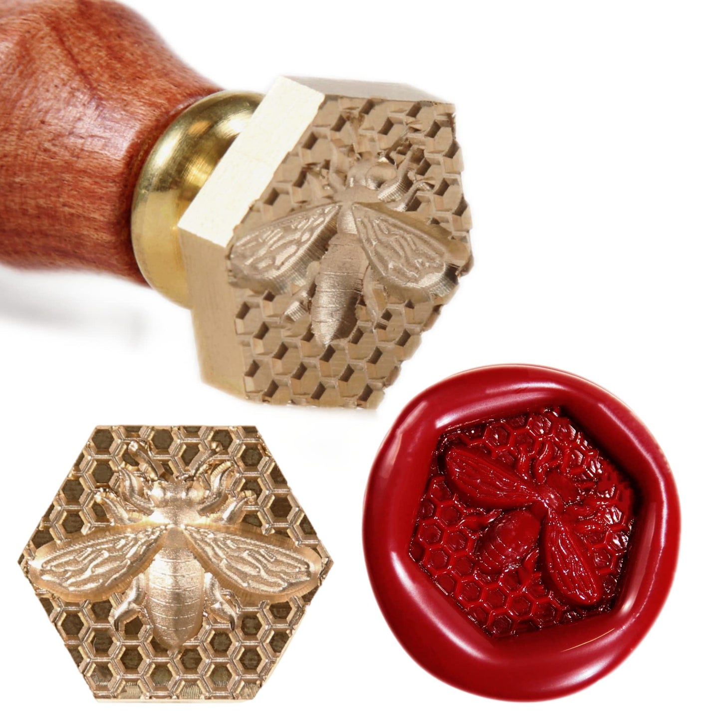 Wax Seal Stamp Kit 3D Bee Stamp with Vintage Wooden Handle for Envelopes Wedding Bottle, Sealing Wax Stamps with Deep-Relief Patterns Beeswax Wrap (Stamp+Handle)