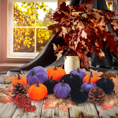 GHGMAO 21 PCS Pumpkins Decor Set, 3 Sizes Fake Velvet Pumpkin, Black Purple Orange Small Foam Pumpkin, Autumn Table Centerpiece for Thanksgiving Farmhouse Fall Harvest Halloween Party Decorations