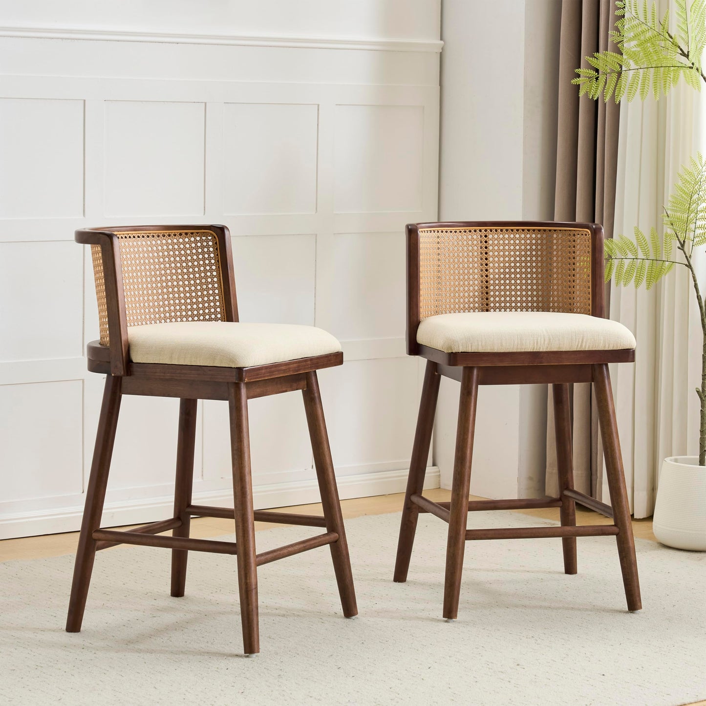 Christopher Knight Home Aphe Counter Height Bar Stools Set of 2, Fabric Upholstered Bar Stool for Kitchen Island, Rubberwood Counter Stools with Woven Rattan Backrest, Beige + Dark Walnut
