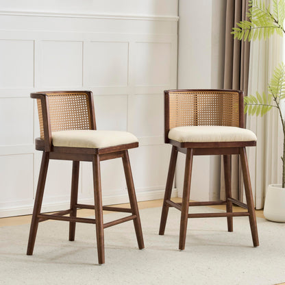 Christopher Knight Home Aphe Counter Height Bar Stools Set of 2, Fabric Upholstered Bar Stool for Kitchen Island, Rubberwood Counter Stools with Woven Rattan Backrest, Beige + Dark Walnut