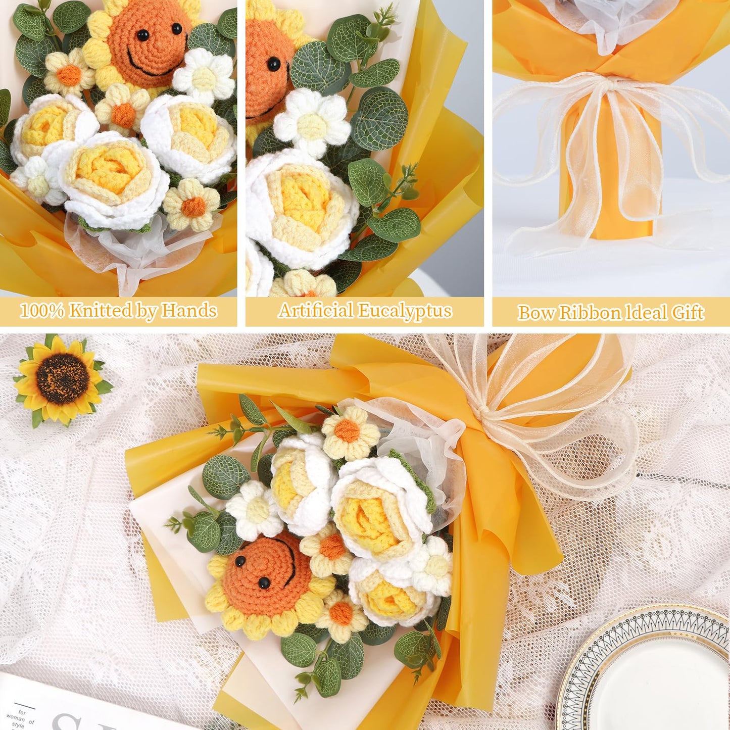 UXORSN Yellow Crochet Flower Bouquet for Mom Artificial Sunflower Finished Handmade Knitted Bouquet Preserved Flowers Fake Rose Crochet Kits Gift for Birthday Anniversary Graduation