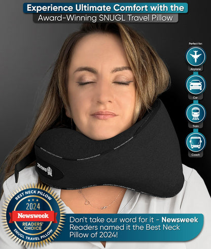 SNUGL Travel Pillow – Memory Foam Pillows - Neck Pillow for Airplane with Carry Bag & Clip – Neck Support Pillows for Pain Relief - Airplane Travel Essentials (Adult Regular - Black)