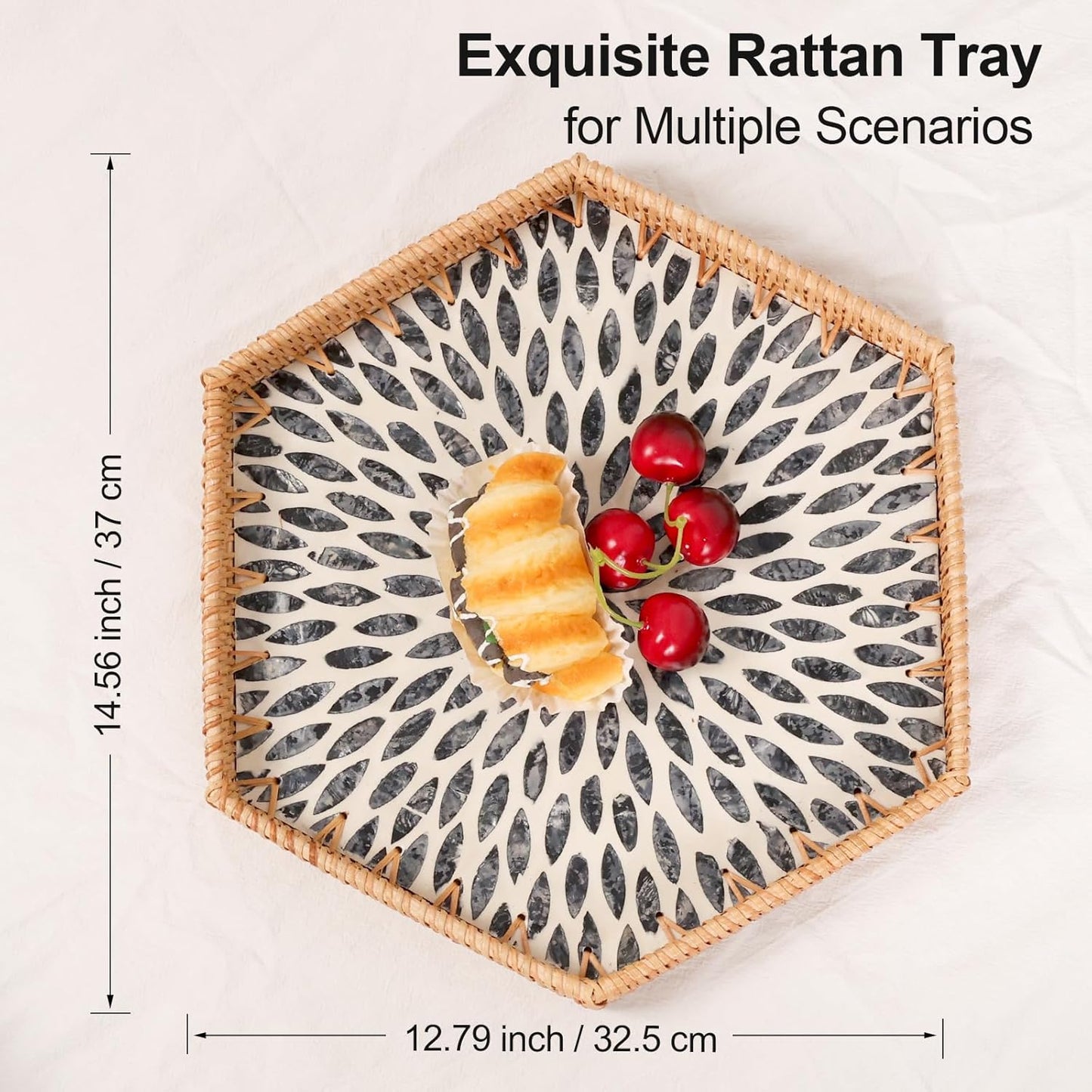 14.5"12.8") Hexagon Rattan Tray with Mother of Pearl Inlay, Rattan Serving Tray for Coffee, Bread, Fruits, Snacks