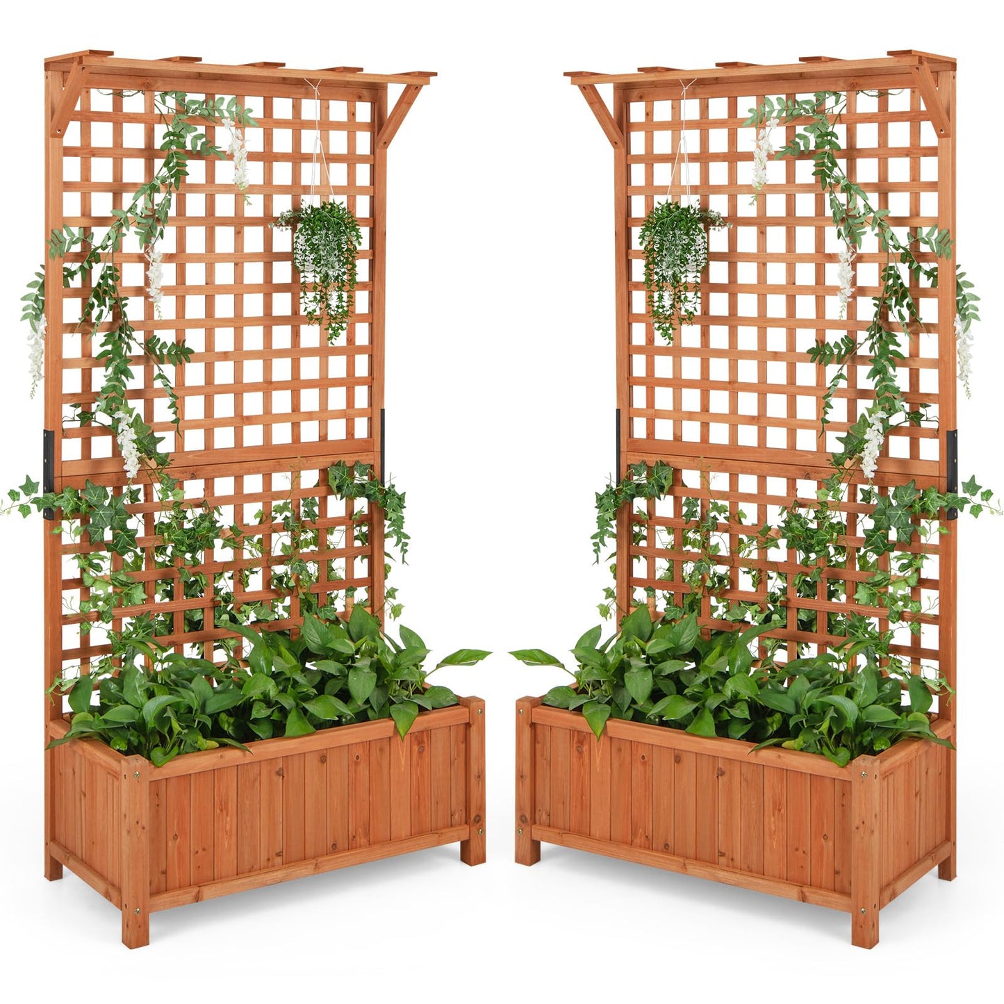 HAPPYGRILL Raised Garden Bed with Trellis, 72.5" Planter Raised Bed with Drainage Holes, Freestanding Garden Box for Vine Climbing Plants, Wooden Planter Box for Yard Balcony (2, Orange)