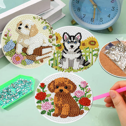 mrpwnle 8 Pcs Dog Diamond Art Coasters Kit for Adults, Cute Dog Diamond Painting Coasters with Holder Cork Pads, DIY Diamond Art Non Slip Coaster Crafts Kits for Adults Beginners Gifts