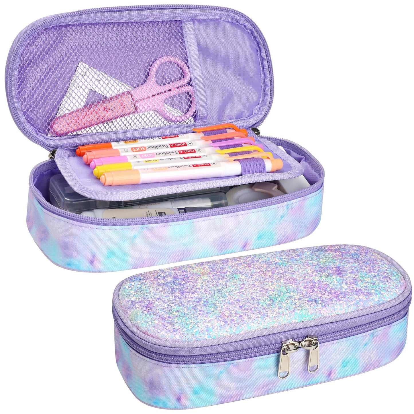 Cambond Pencil Case for Girls - Big Capacity Cute Pencil Case for Kids Teenager Special Pencil Pouch for School Office, Pencil Box Only, Glitter Purple Tie-dye