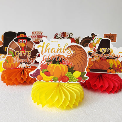 TiAaihion 9pcs Fall Table Decorations, Thanksgiving Honeycomb Centerpieces, Autumn Party Supplies, Pumpkin Sunflower Maple Leaf Decorations for Home Office Fall Party Decor