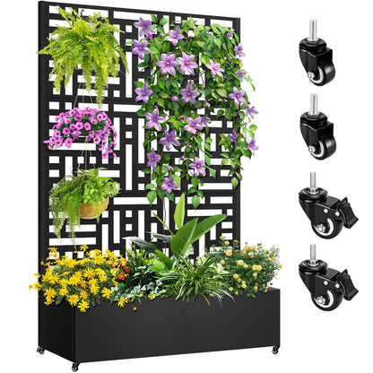 Meyoppm 72"x47"x16" Metal Planter Box with Trellis, Galvanized Steel Raised Garden Bed with Lockable Casters & Drainage Holes, Outdoor Large Planter Box for Climbing Plants, Vegetables & Flowers