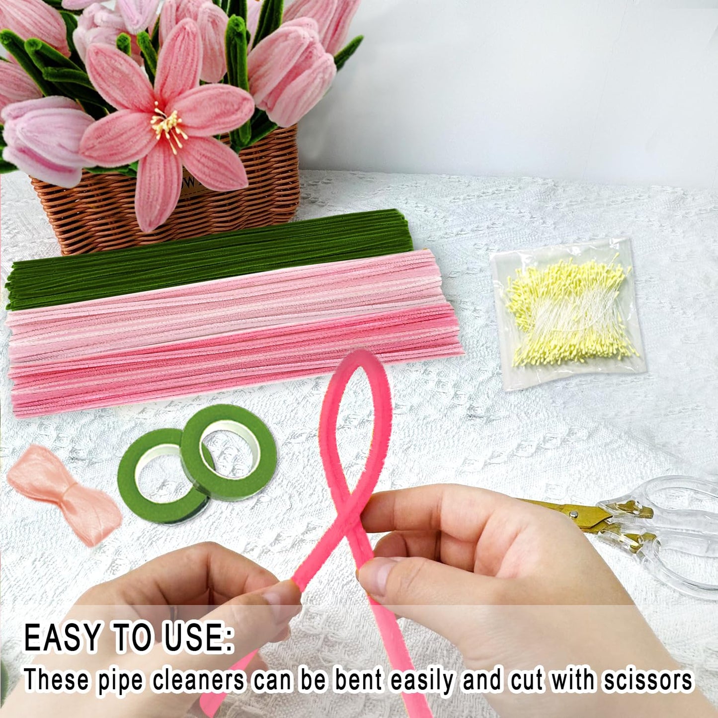 Morcheiong 480 Pcs Pipe Cleaners Tulip Craft Flower Making Kit for DIY Arts Craft Supplies- Pink Series