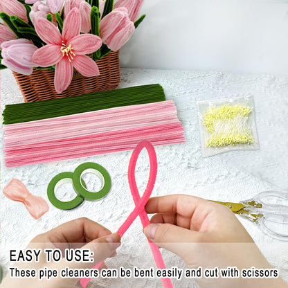Morcheiong 480 Pcs Pipe Cleaners Tulip Craft Flower Making Kit for DIY Arts Craft Supplies- Pink Series
