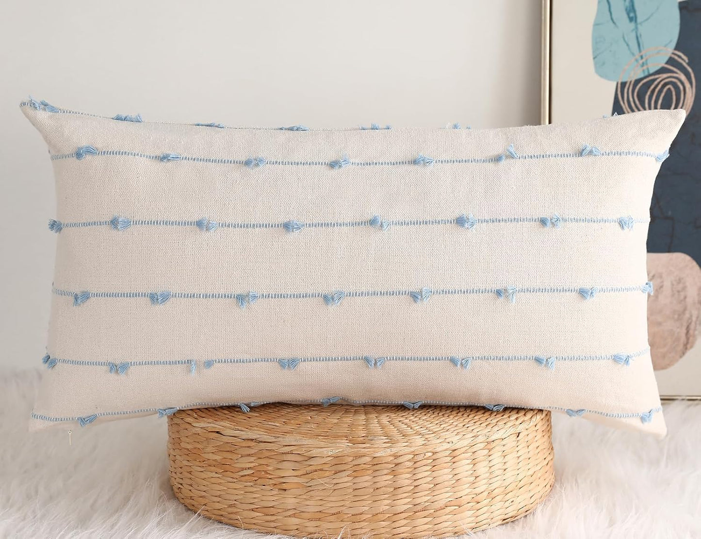 14 24 NUYECY Boho Long Lumbar Pillow Covers x Blue,Classic Stripe Pattern Cotton Decorative Long Lumbar Pillow Case