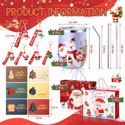 Skylety 24 Pcs Christmas Gifts Bulk for Coworker Employee Women Men 6 Sets with 12oz Christmas Wine Tumblers Keychains Greeting Cards and Gift Bags for Xmas New Year Party Favors(Classic)