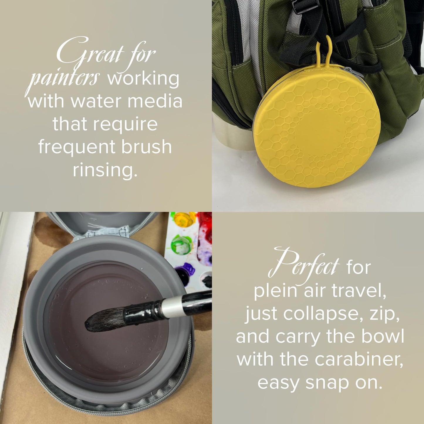 Silver Brush Limited 9004 Silver Essentials Double 450ml/15.2oz Collapsible Water Bowl with Zipper Pouch, Leak-Proof Paint Brush Water Cup for Water Media, for Studio, Travel, and Plein Air, Yellow