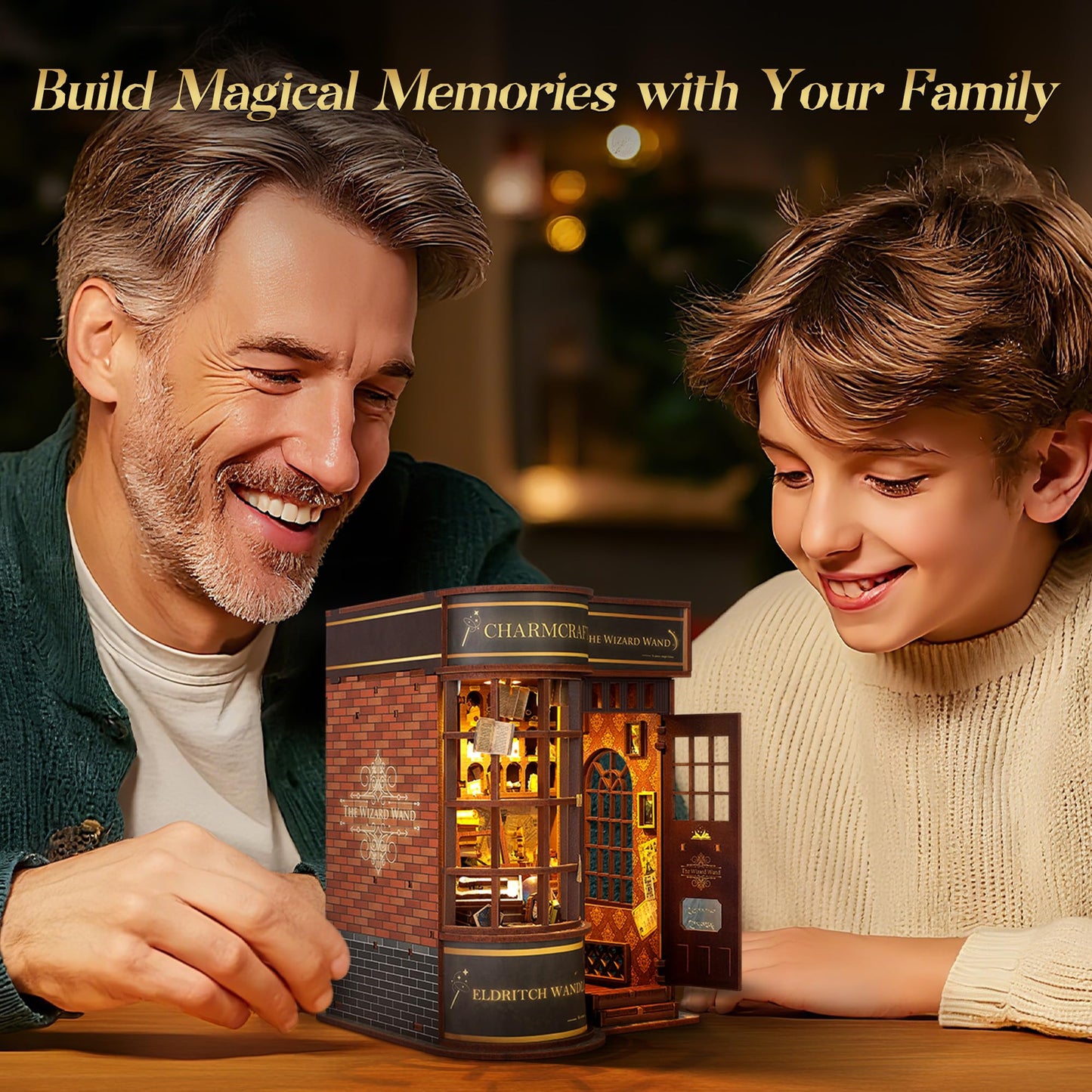 FUNPOLA 3D Wood Puzzle Wizard Wand Book Nook Kit - DIY Miniature Bookshelf Insert with LED Light - Creative Home Decor Gift for Display (Wizard Wand Shop)