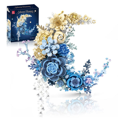 Sahteg 934PCS Blue Moon Flower Building Blocks Kit for Adults, Crescent Moon Botanical Art Display, Artificial Flowers Building Set for Home Décor Wall Art Decoration