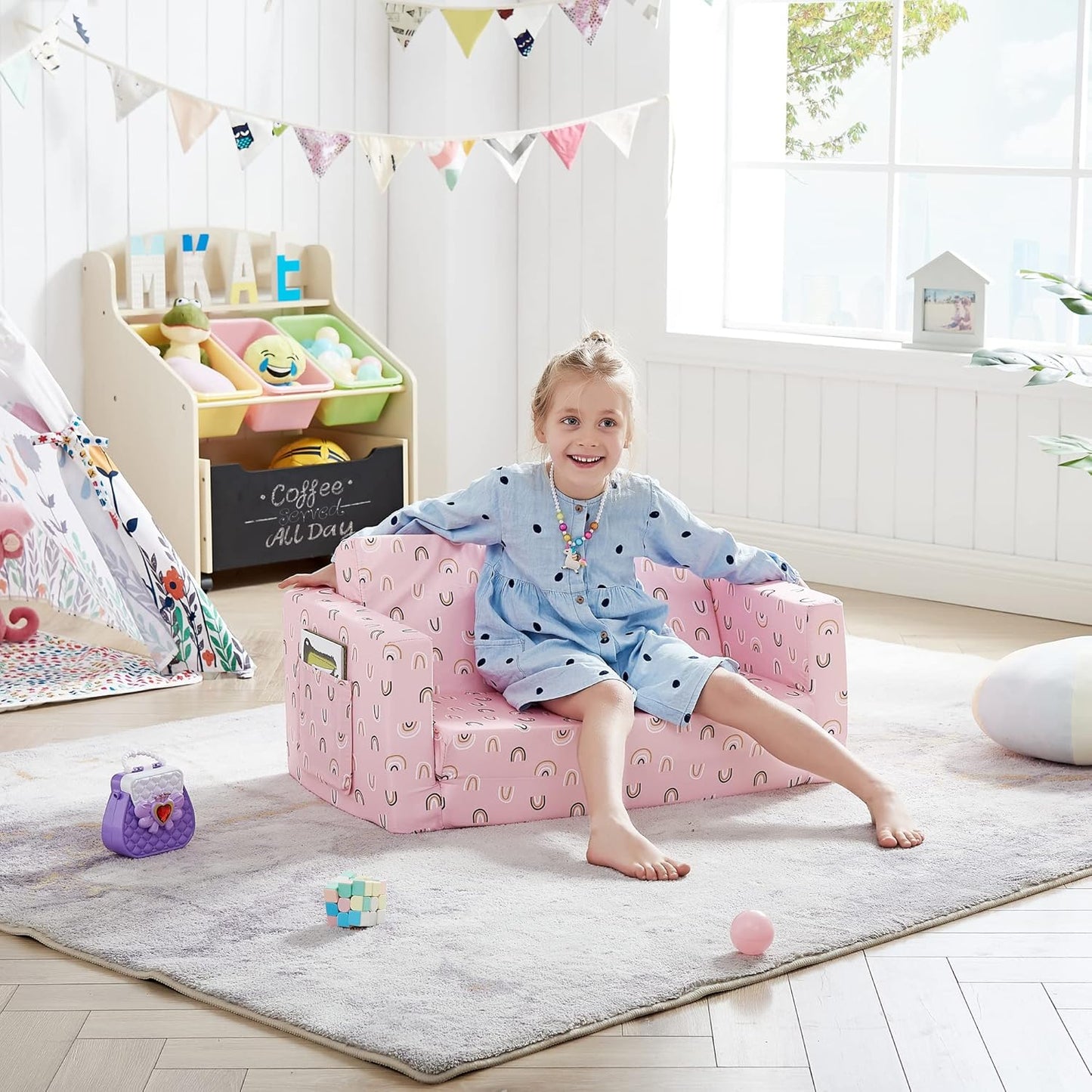 2-in-1 Ulax furniture Kids Fold Out Couch Children Convertible Sofa to Lounger with Soft Plush Fabric(Pink Rainbow)