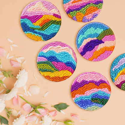 Starter Needle Coasters Kit, Punch Needle Embroidery DIY Set for Beginners Adults, Easy Coasters Kit with Adhesive Felt, Yarns, Embroidery Hoop (Colorful Mountain)