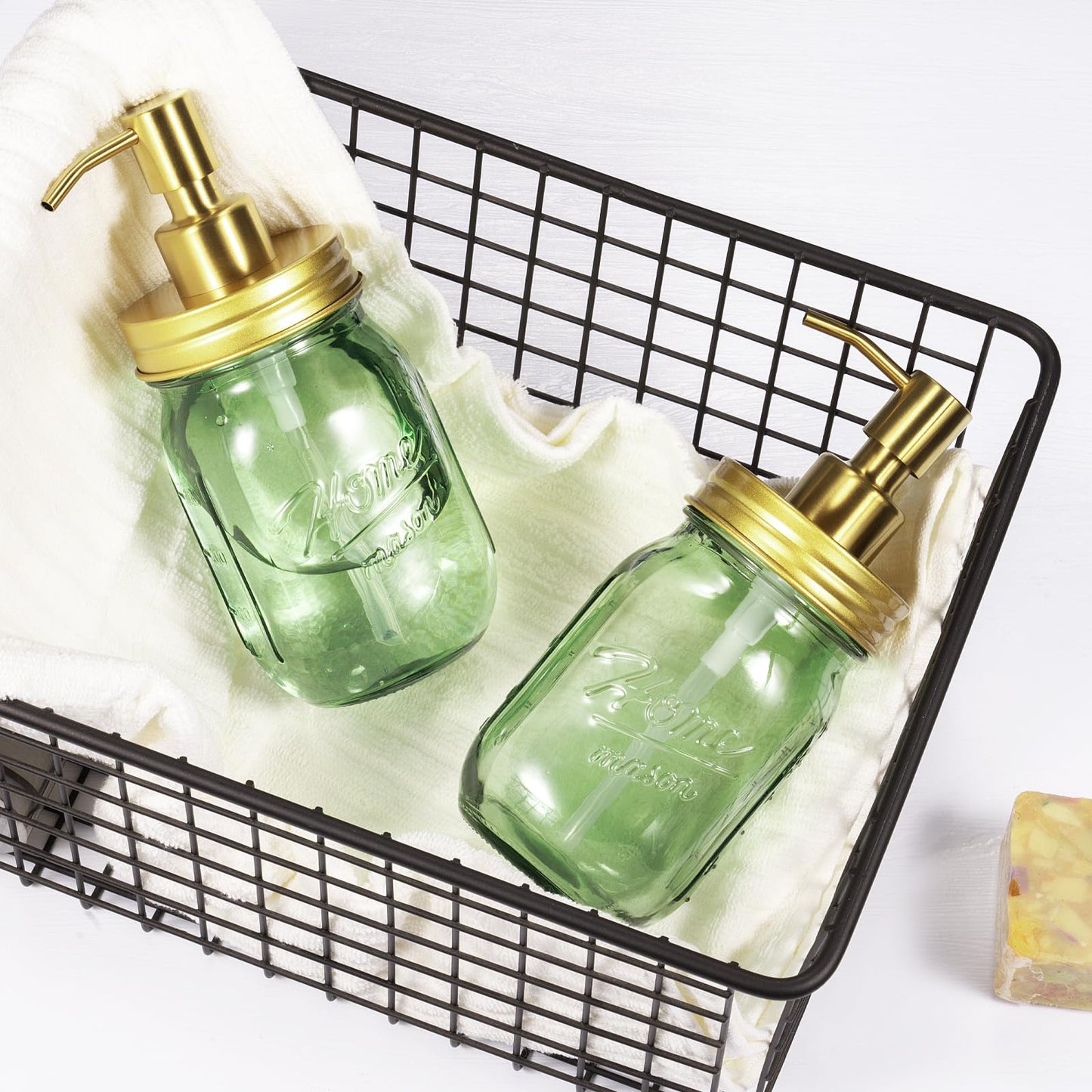 Amolliar Mason Jar Liquid Soap Dispenser, 16OZ Green Glass Hand Soap Holder, Stainless Steel Pump Lid, Refillable Lotion Dispenser, Countertop Bathroom Accessories, Kitchen Dish Soap (2 Pack, Gold)