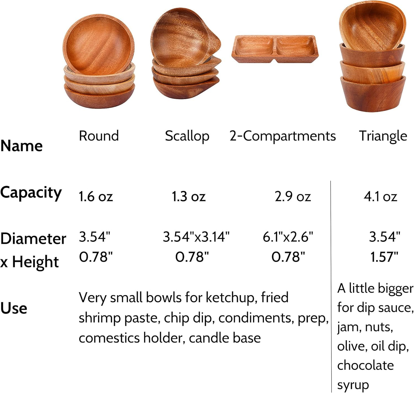 Mini Wooden Bowl Set of 4, 3.54" Diameter for Condiments, Dip Sauce, Small Wood Bowl for Jam, Olive