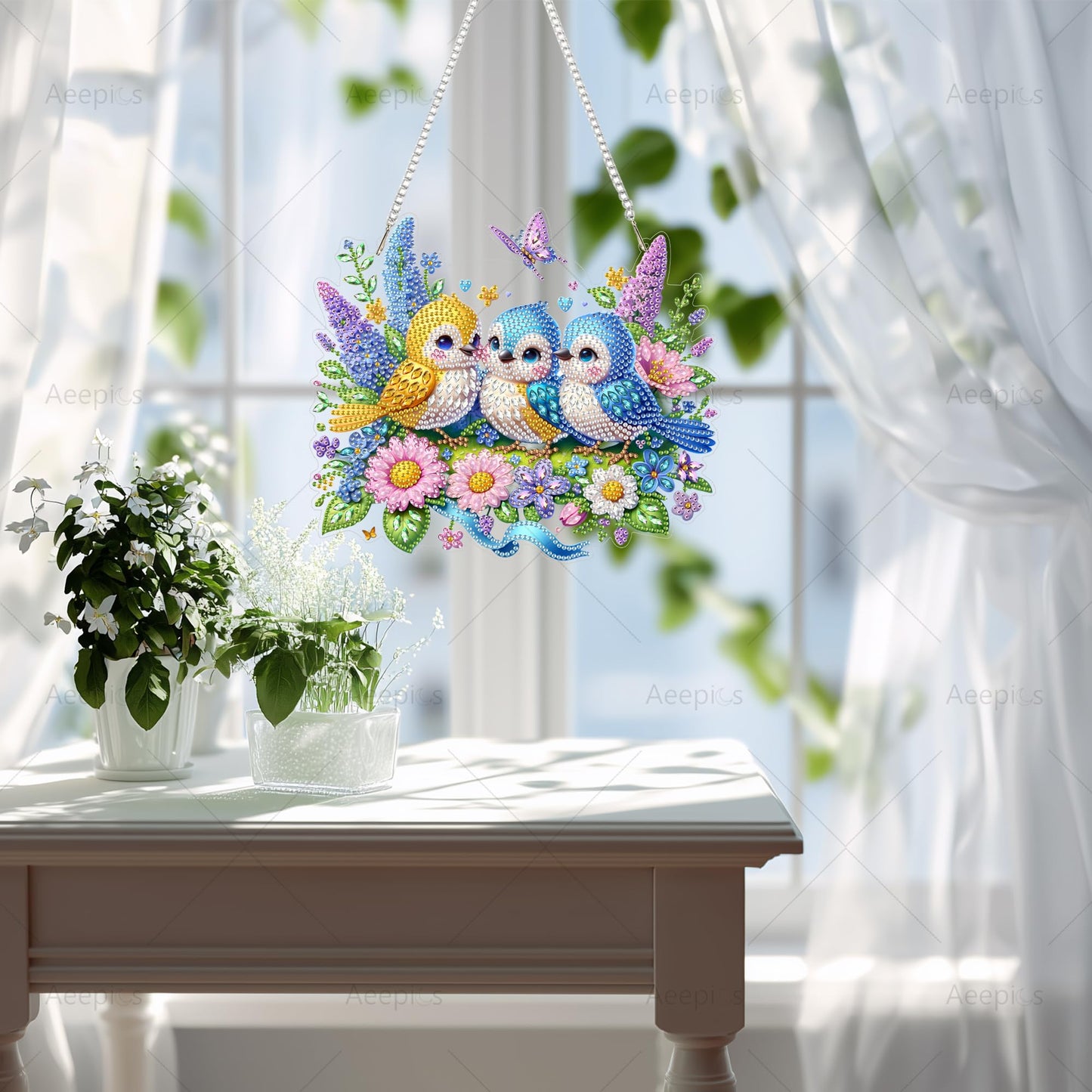 Aeepics Hanging Diamond Art Kit for Adult, DIY Diamonds Painting Pendant Ornament Kit, Acrylic Diamond Art Painting Board Kit (Birds)