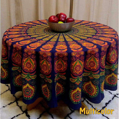 raajsee Round Beach Tapestry, 70 Inch Blue Orange Mandala Throw, Boho Hippie Blanket, Yoga Mat, Picnic Rug